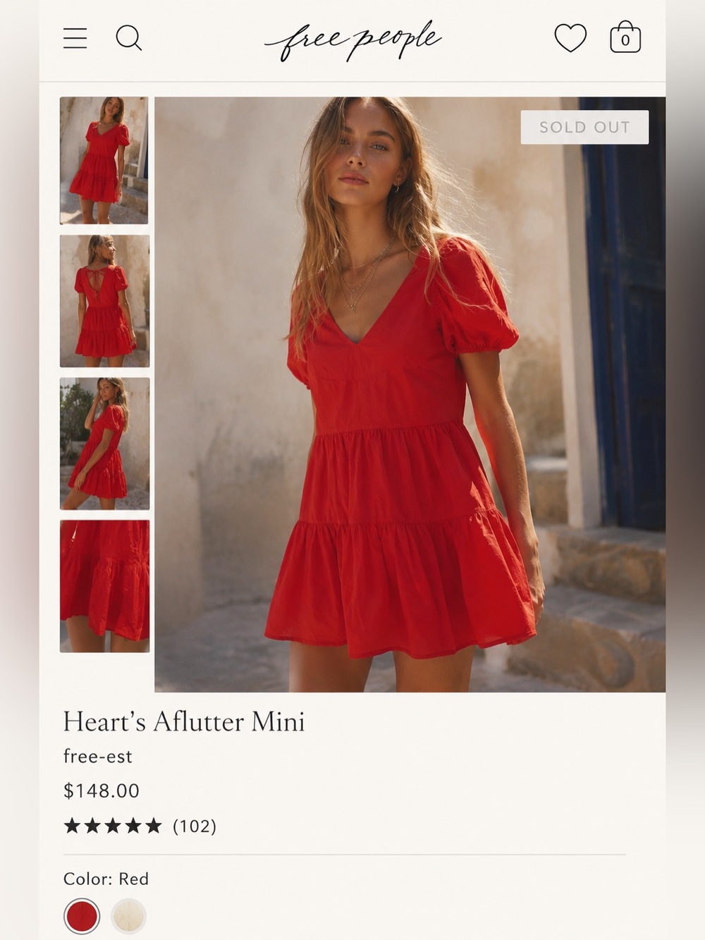 Free People Red Puff-Sleeve Tiered Mini Dress